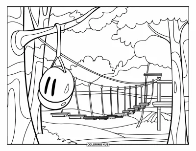 Coloriage de colonie de vacances pour enfants : Un parcours de tyrolienne en forêt avec des casques suspendus