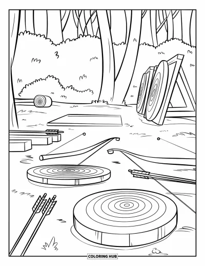 Coloriage de colonie de vacances pour enfants : Des arcs et des flèches alignés sur un terrain de tir à l'arc en forêt