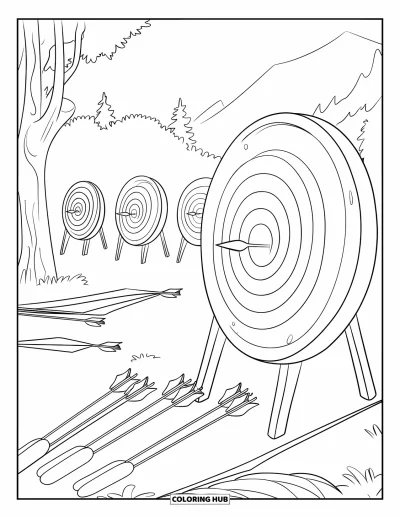 Coloriage de colonie de vacances pour enfants : Un pas de tir à l'arc de camp avec des cibles dans une forêt de montagne