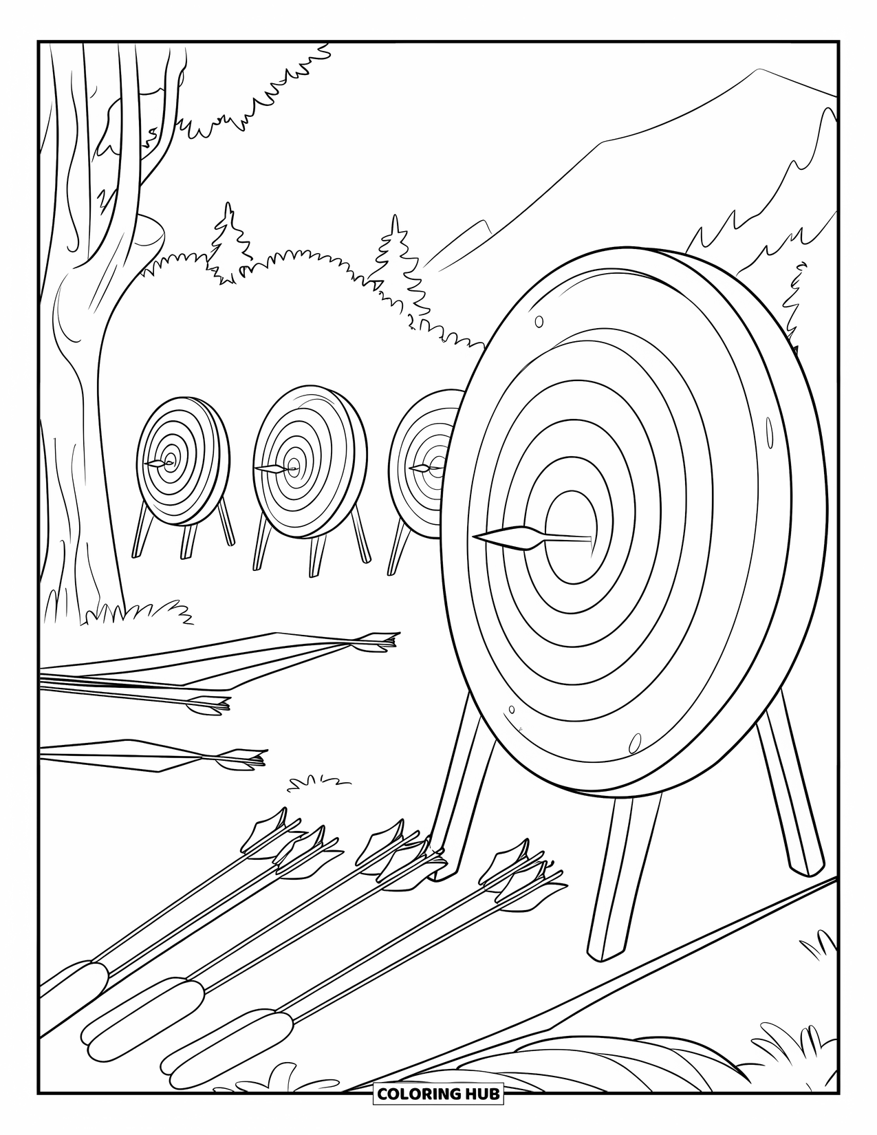 Summer Camp Coloring Page for Kids: Camp archery range with targets beside a mountain forest