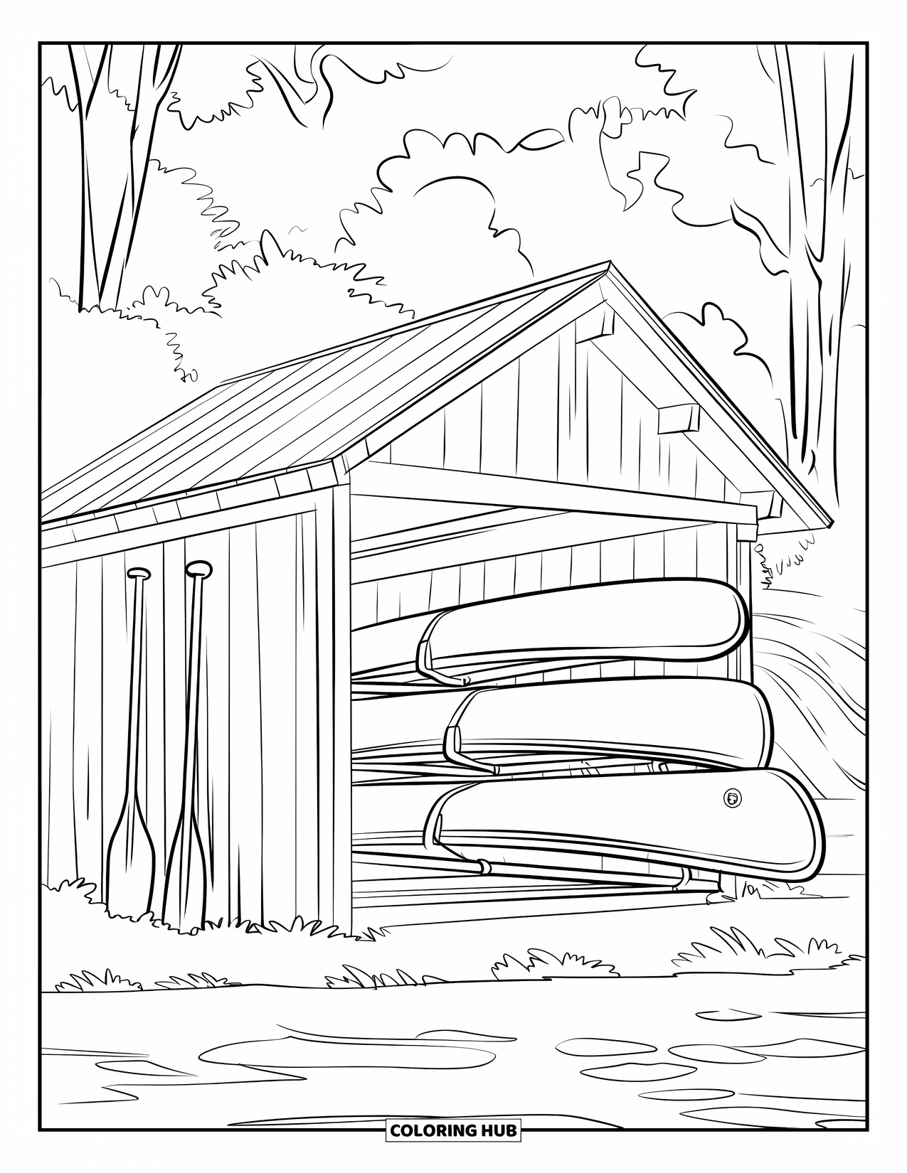 Summer Camp Coloring Page for Kids: Stacked canoes by a wooden boathouse near a calm lake