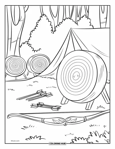 Coloriage de colonie de vacances pour enfants : Des cibles et des arcs soigneusement disposés sur un pas de tir à l'arc de camp