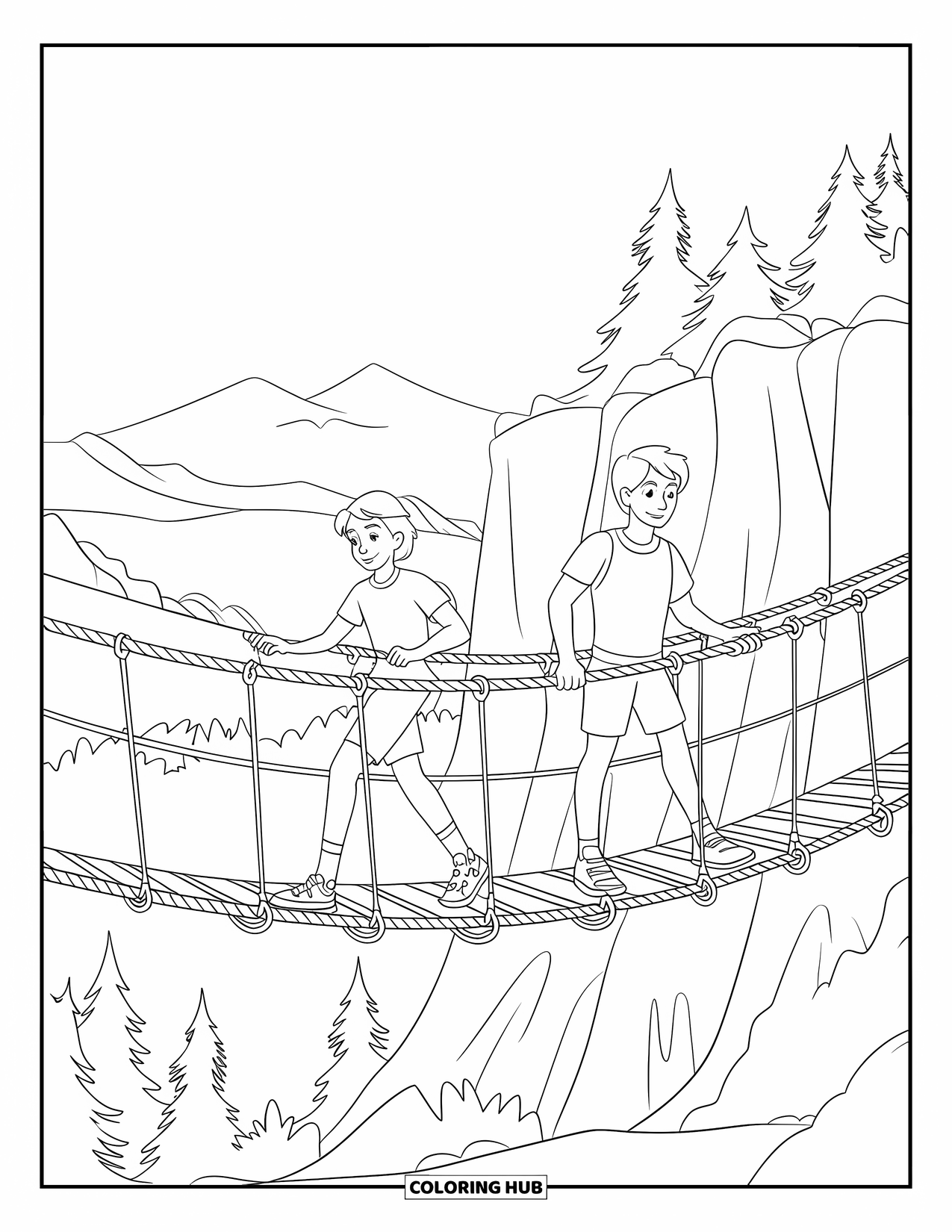 Summer Camp Coloring Page for Kids: Teens crossing a rope bridge between cliffs and forest views