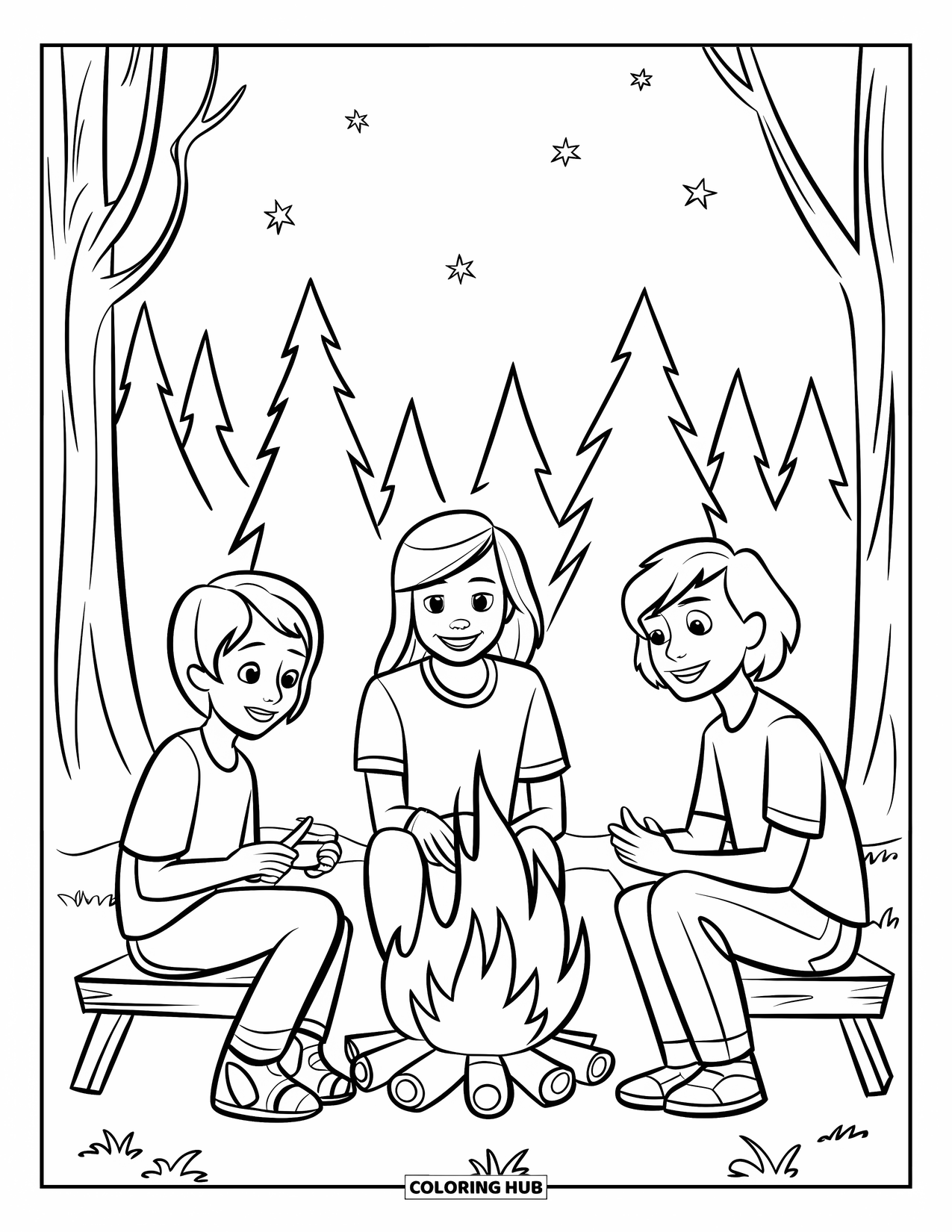 Summer Camp Coloring Page for Kids: Three campers laughing and talking around a glowing campfire