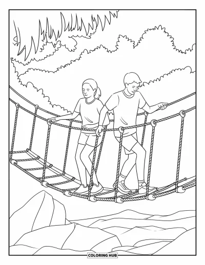 Coloriage de colonie de vacances pour enfants : Deux campeurs traversant un pont de corde suspendu au-dessus d'un terrain rocheux