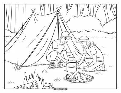 Coloriage de colonie de vacances pour enfants : Deux adolescents montant une tente près d'un feu de camp entouré d'arbres