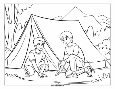 Coloriage de colonie de vacances pour enfants : Deux adolescents montant ensemble une tente sur une prairie au camp