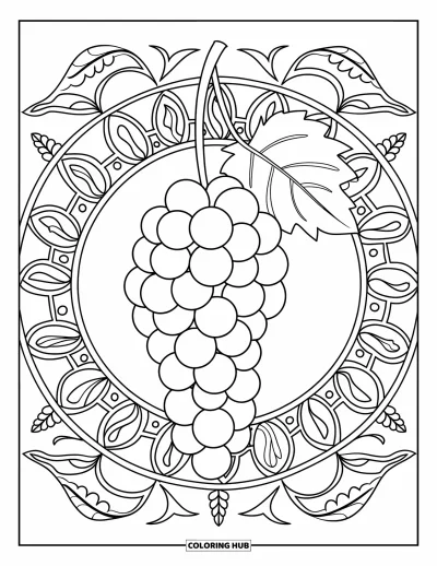 Sommeressen-Ausmalbild für Erwachsene: Eine Traube Weintrauben an einer Rebe eingerahmt von einem Blätter-Mandala