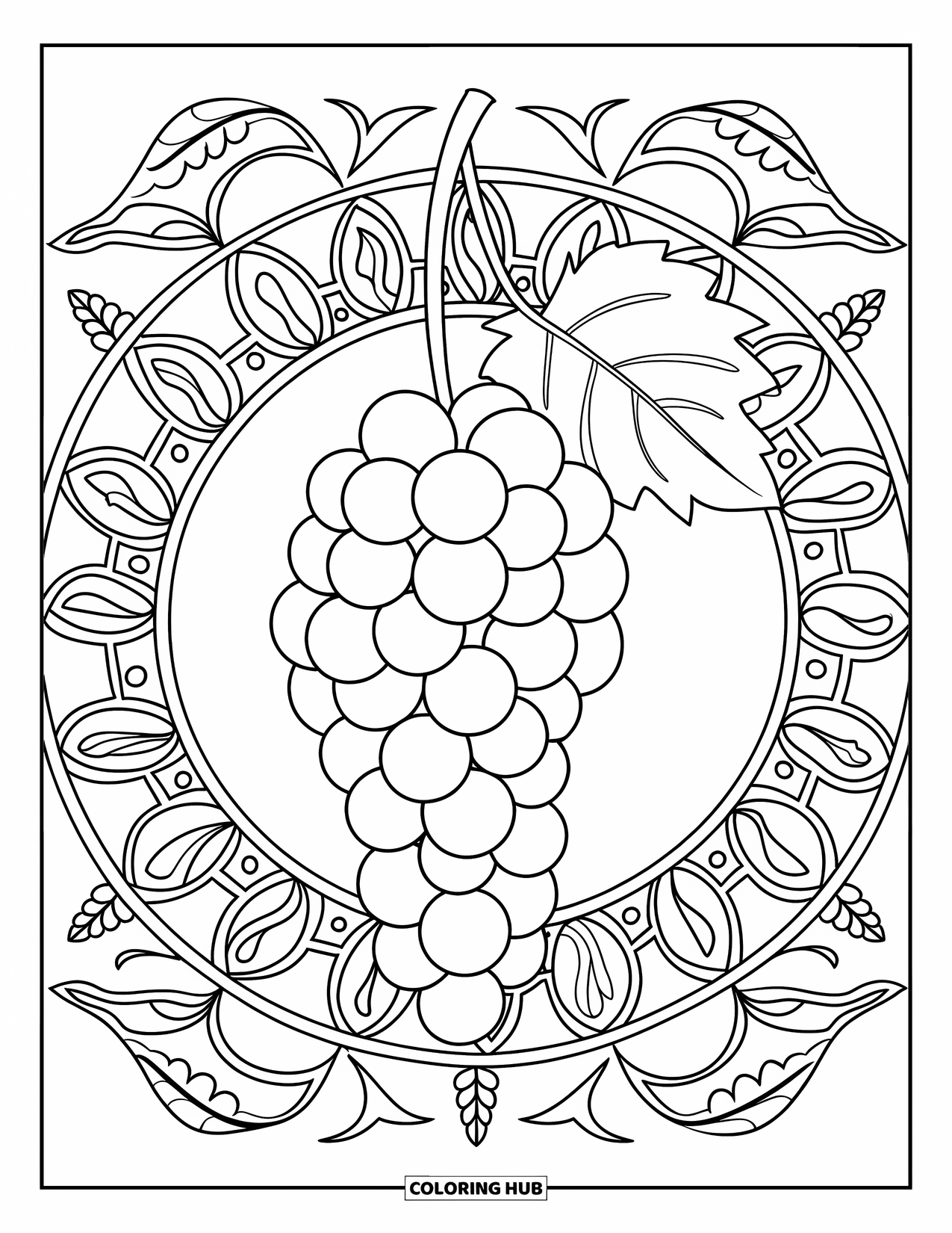 Summer Food Coloring Page for Adults: A bunch of grapes hanging from a vine framed by a leafy mandala