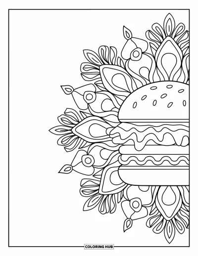 Sommeressen-Ausmalbild für Erwachsene: Ein Burger mit Salat und Tomate eingerahmt von wirbelnden Mandala-Blüten
