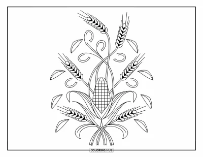 Sommeressen-Ausmalbild für Erwachsene: Ein zentraler Maiskolben umhüllt von Weizenähren und floralen Schlaufen