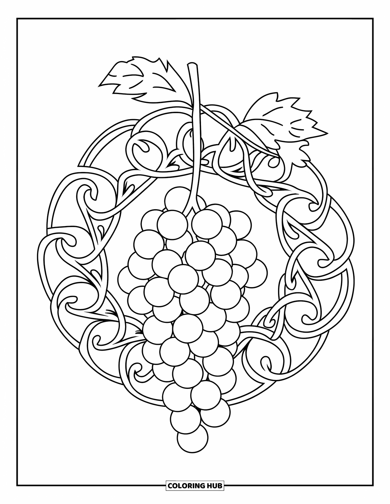 Summer Food Coloring Page for Adults: A cluster of grapes and vine surrounded by intertwining leaf patterns