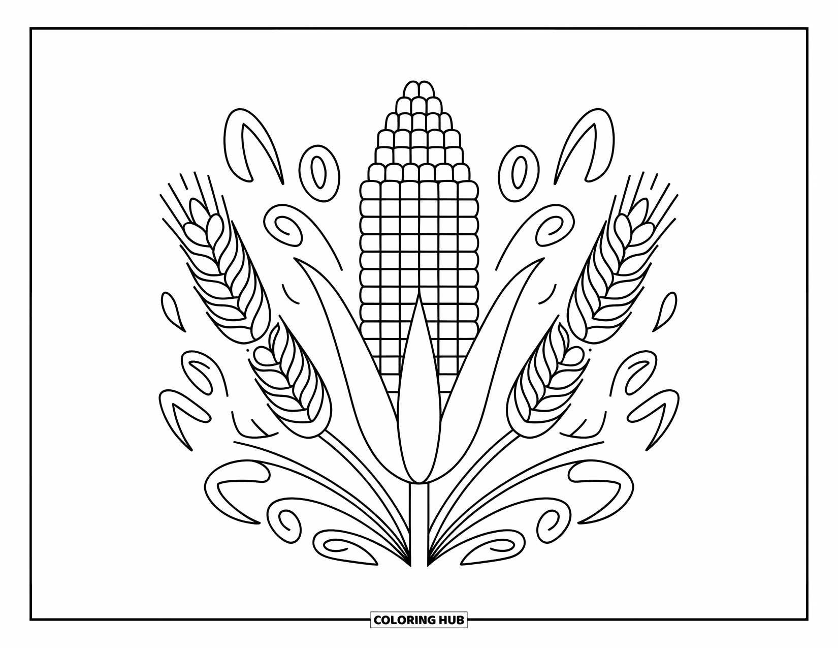 Summer Food Coloring Page for Adults: A corn cob framed by wheat and floral loops with bold outlines
