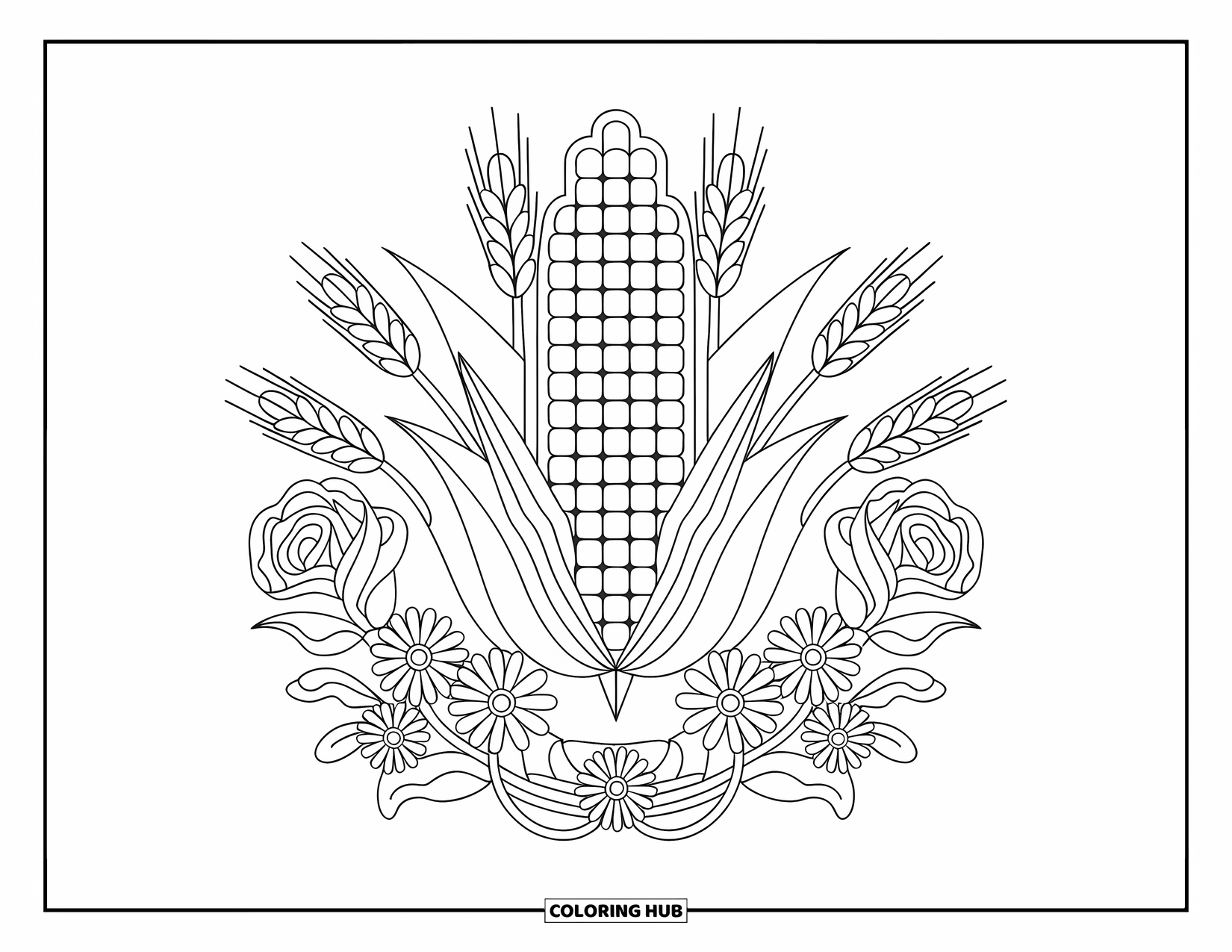Summer Food Coloring Page for Adults: A corn cob surrounded by wheat stalks and loops of summer flowers