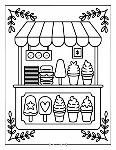 Sommeressen-Ausmalbild für Erwachsene: Ein gemütlicher Kiosk-Stand mit Eis am Stiel und Eistüten an einer sonnigen Straße