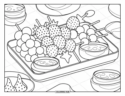 Sommeressen-Ausmalbild für Erwachsene: Ein gedeckter Tisch mit Obst-Spießen, Honig-Schälchen und einem Leinentuch als Hintergrund