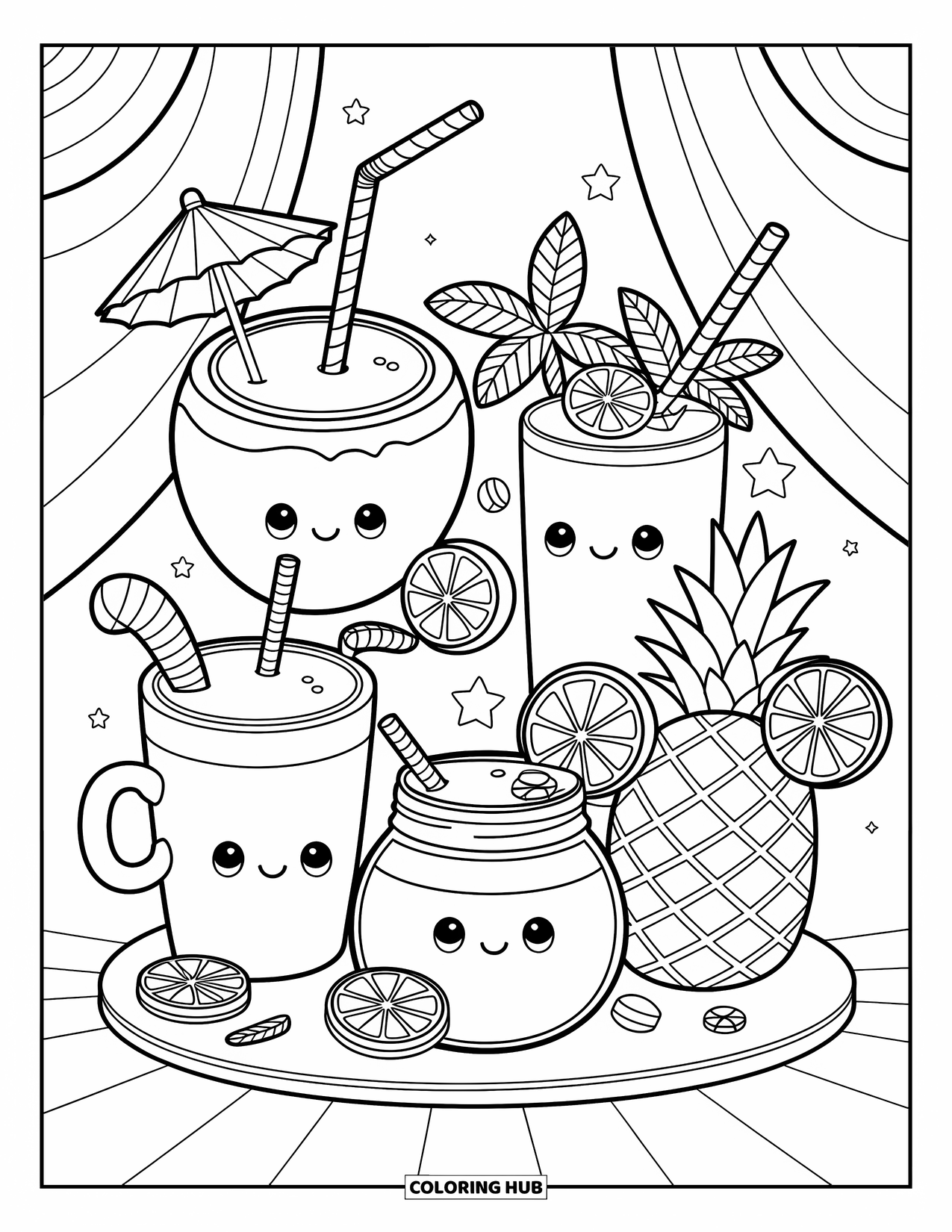 Summer Food Coloring Page for Adults: A cute lineup of four tropical drinks with fruit, mint, and umbrellas