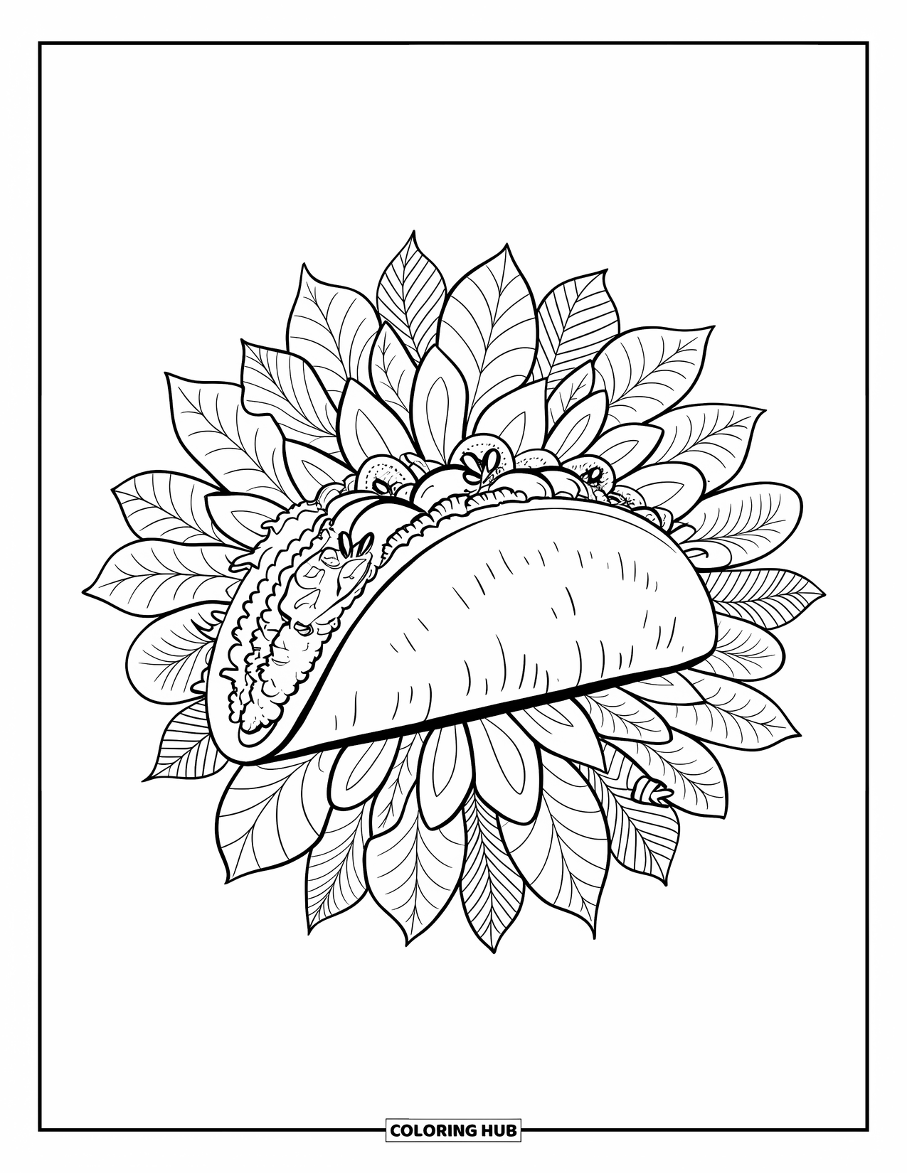 Summer Food Coloring Page for Adults: A detailed taco with lettuce, tomato, and sour cream framed by leaves