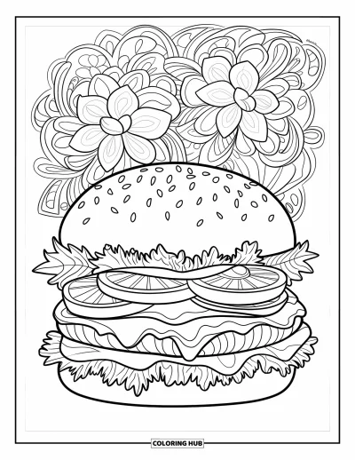 Sommeressen-Ausmalbild für Erwachsene: Ein saftiger Burger eingerahmt von einem floralen Mandala mit Blättern und Ranken