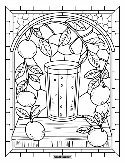 Sommeressen-Ausmalbild für Erwachsene: Ein Limonaden-Glas auf Holz eingerahmt von gemustertem Buntglas mit Zitrusmotiven