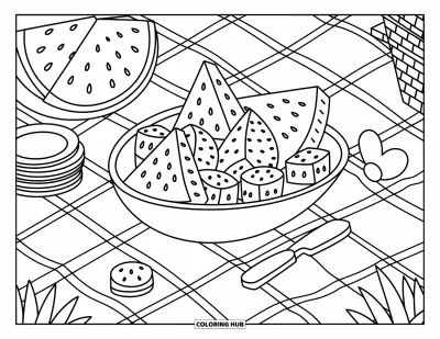 Sommeressen-Ausmalbild für Erwachsene: Ein entspanntes Picknick mit Wassermelone, Tellern und Servietten im goldenen Sonnenlicht