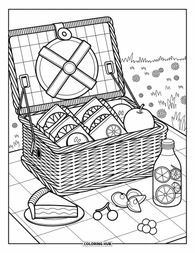 Sommeressen-Ausmalbild für Erwachsene: Ein Picknickkorb voller Früchte, Sandwiches und Limonade auf dem Gras