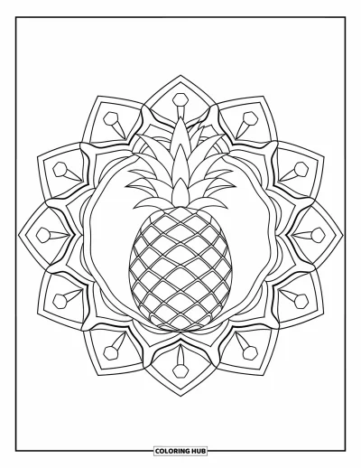 Sommeressen-Ausmalbild für Erwachsene: Eine Ananas im Zentrum eines geometrischen Mandalas mit klaren, kräftigen Linien