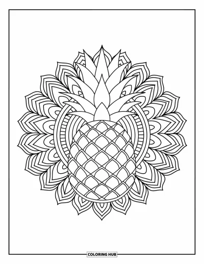 Sommeressen-Ausmalbild für Erwachsene: Eine Ananas eingerahmt von einem geometrisch-botanischen Mandala