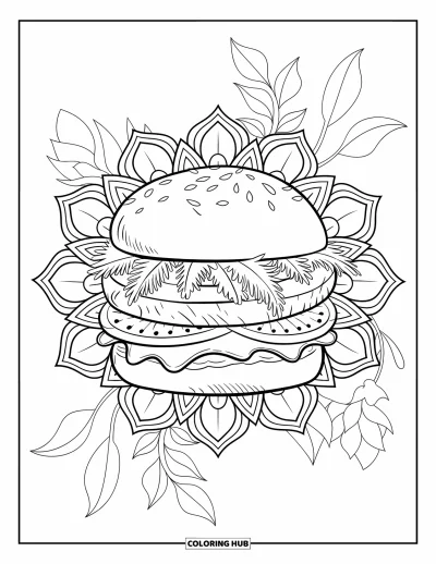 Sommeressen-Ausmalbild für Erwachsene: Ein Sesam-Burger mit Soße und Blüten, die ein Mandala darum bilden