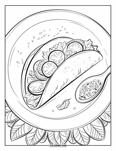 Sommeressen-Ausmalbild für Erwachsene: Ein Weizen-Taco mit Avocado und Salsa eingerahmt von einem Blätter-Mandala