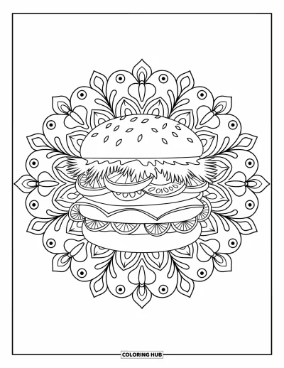 Sommeressen-Ausmalbild für Erwachsene: Ein Sommer-Burger umgeben von einem floralen Mandala-Design