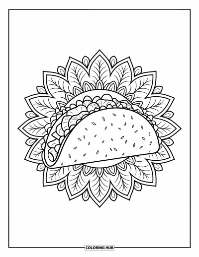 Sommeressen-Ausmalbild für Erwachsene: Ein Taco gefüllt mit Salat, Tomate und Käse in einem Blätter-Mandala