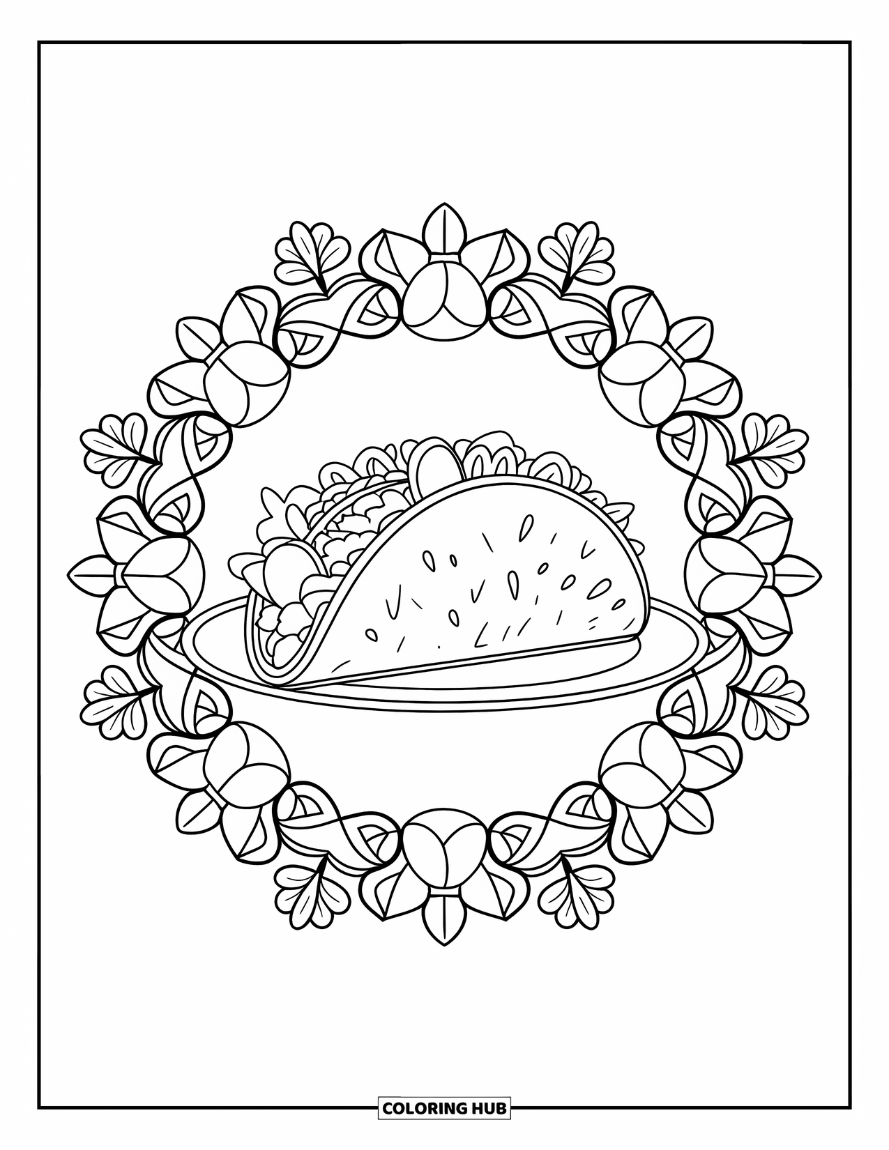 Summer Food Coloring Page for Adults: A taco with avocado, tomato, and lettuce surrounded by floral mandala art