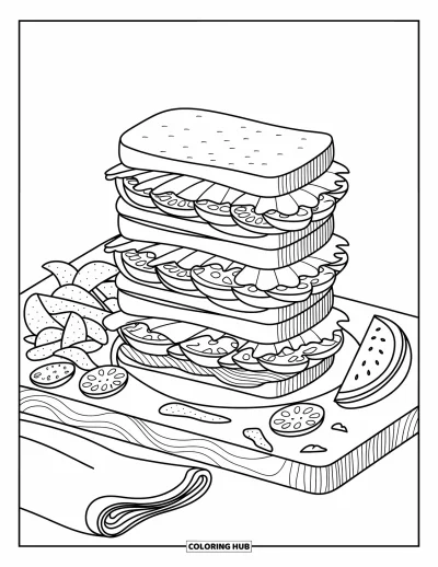 Sommeressen-Ausmalbild für Erwachsene: Ein hoher Club-Sandwich-Stapel mit Chips, Serviette und einer Wassermelonenscheibe