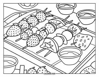 Sommeressen-Ausmalbild für Erwachsene: Ein Tablett mit Obst-Spießen und Honig-Dips in einem niedlichen, handgezeichneten Stil