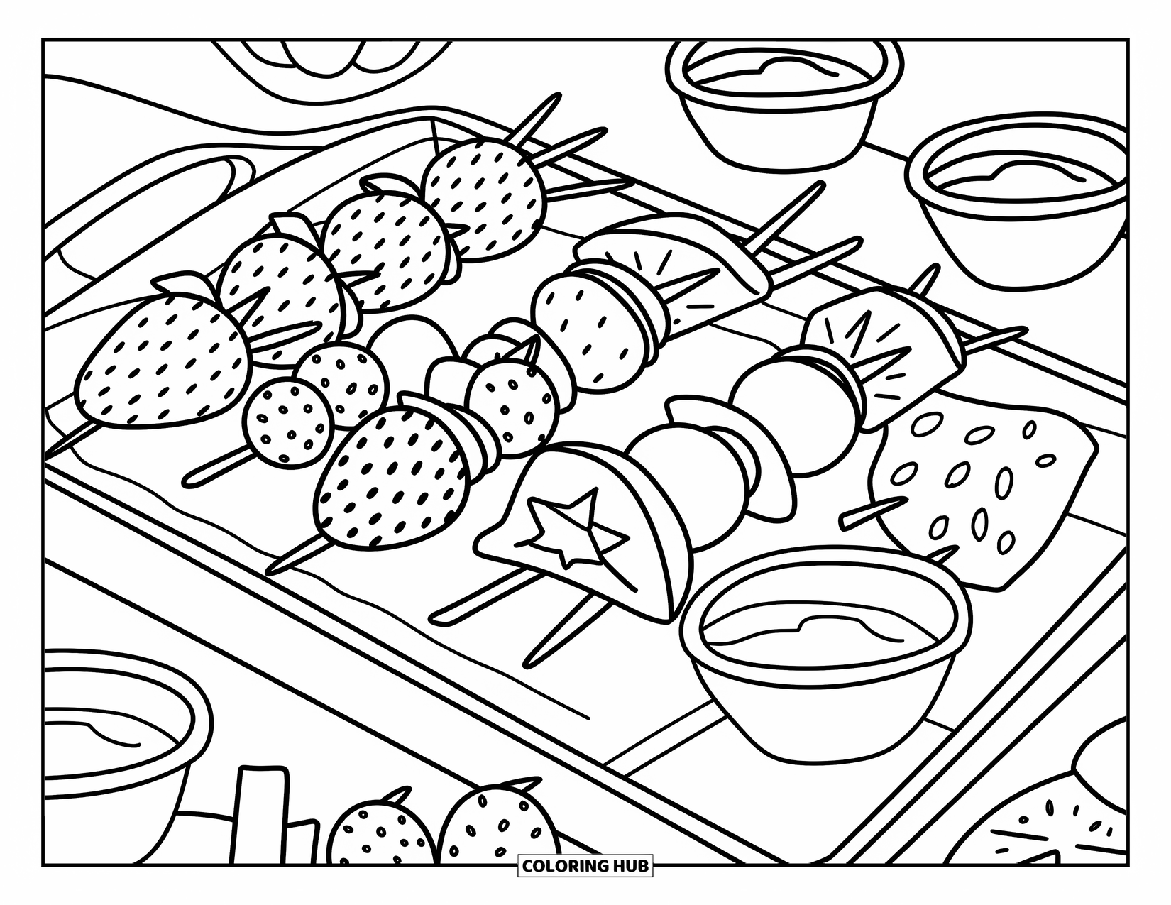 Summer Food Coloring Page for Adults: A tray of fruit skewers and honey dips arranged in a cute, hand-drawn style