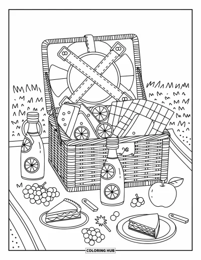 Sommeressen-Ausmalbild für Erwachsene: Ein geflochtener Picknickkorb mit Sandwiches, Orangen und Kuchen im weichen Licht