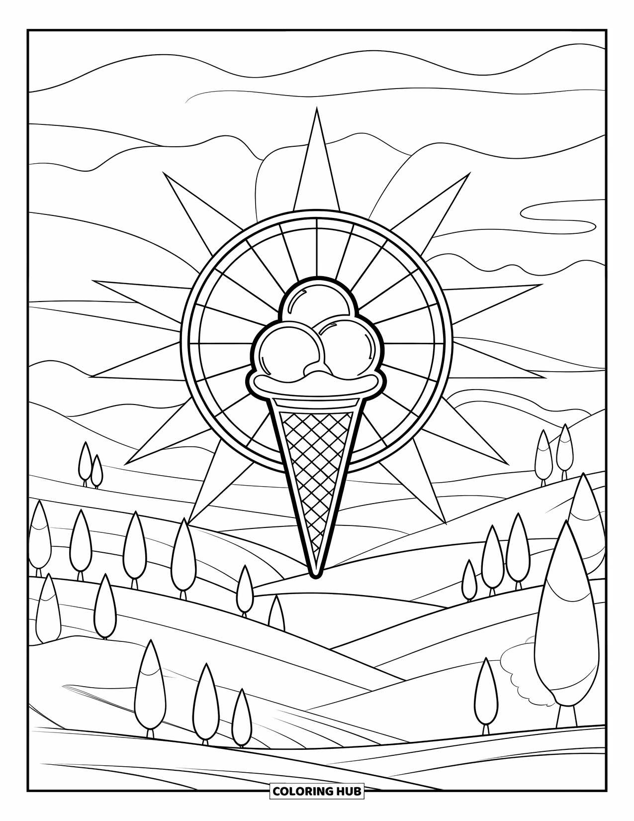 Summer Food Coloring Page for Adults: An ice cream cone with three scoops shining in a stained glass sunburst