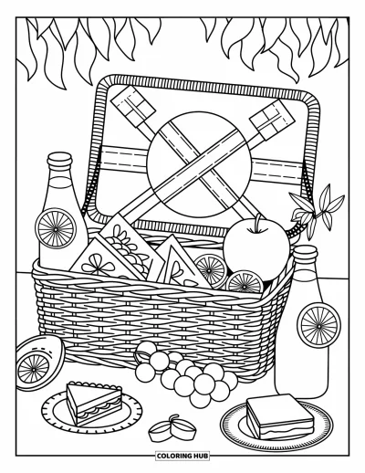 Sommeressen-Ausmalbild für Erwachsene: Ein geöffneter Picknickkorb gefüllt mit Sandwiches, Früchten und Limonaden-Flaschen