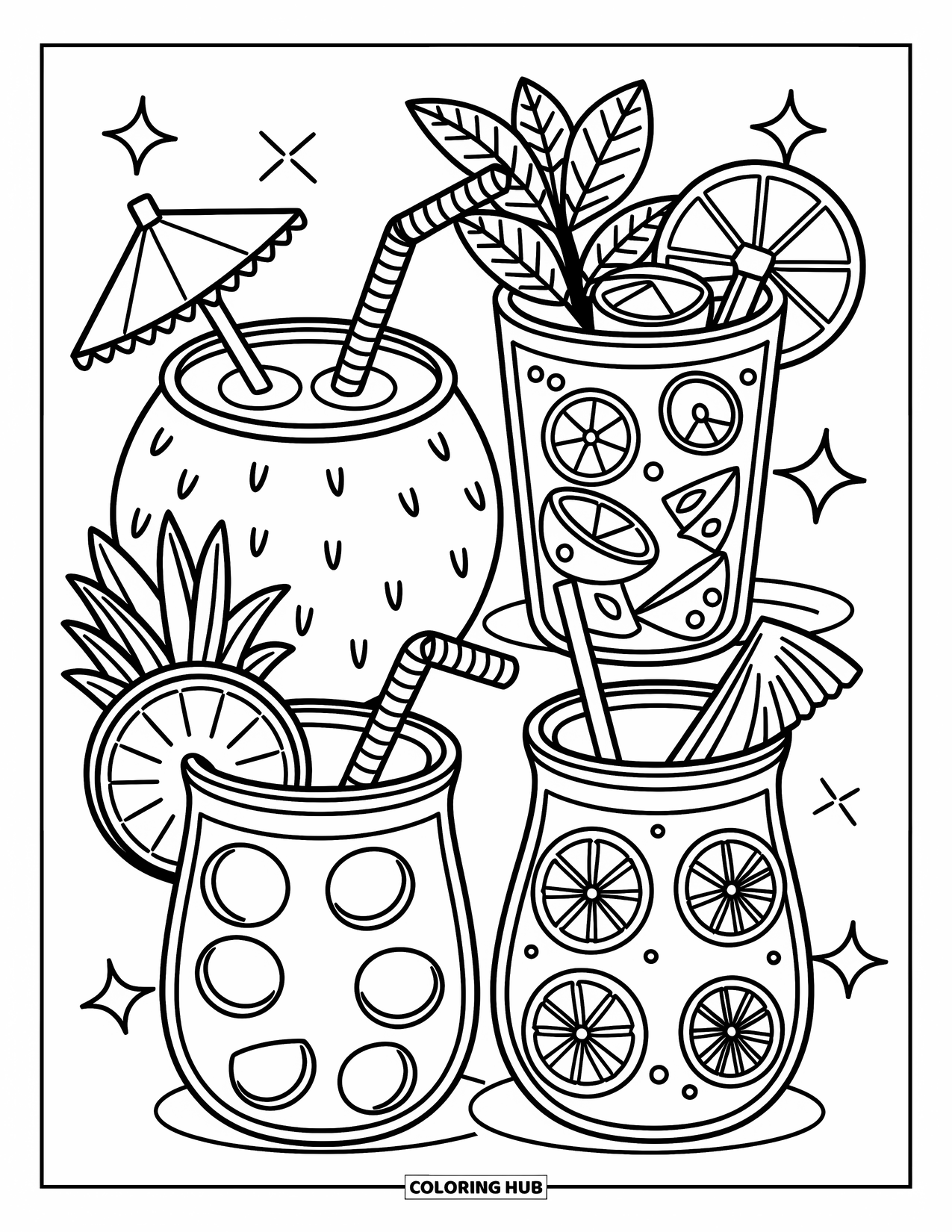 Summer Food Coloring Page for Adults: Four hand-drawn summer drinks with coconut, mojito, pineapple, and lemonade