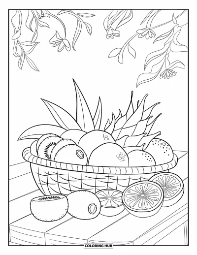 Sommeressen-Ausmalbild für Kinder: Ein Korb mit Sommerfrüchten wie Kiwi, Zitrusfrüchten und Drachenfrucht auf einem Tisch
