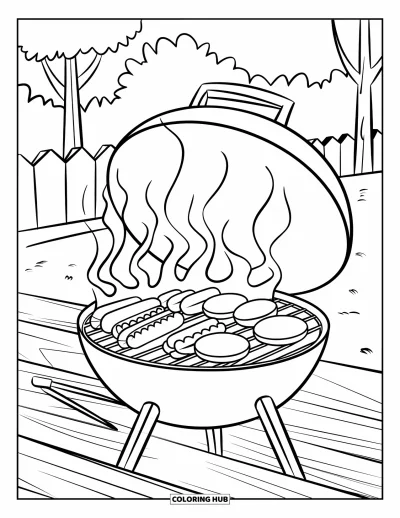 Sommeressen-Ausmalbild für Kinder: Ein Grill mit Hot Dogs, Burgern und aufsteigendem Rauch