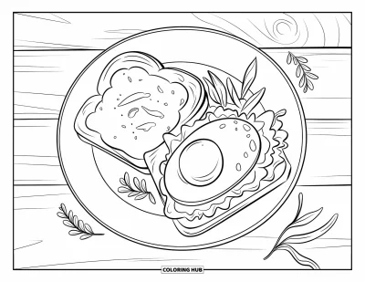 Sommeressen-Ausmalbild für Kinder: Ein Brunch-Teller mit Toast, Ei, Avocado und Kräutern auf einem Holztisch