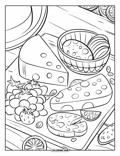 Sommeressen-Ausmalbild für Kinder: Ein Käse-und-Obst-Brett mit Crackern und sommerlichen Details