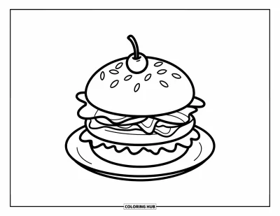 Sommeressen-Ausmalbild für Kinder: Ein klassischer Hamburger mit einer Kirsche obendrauf und klaren Konturen