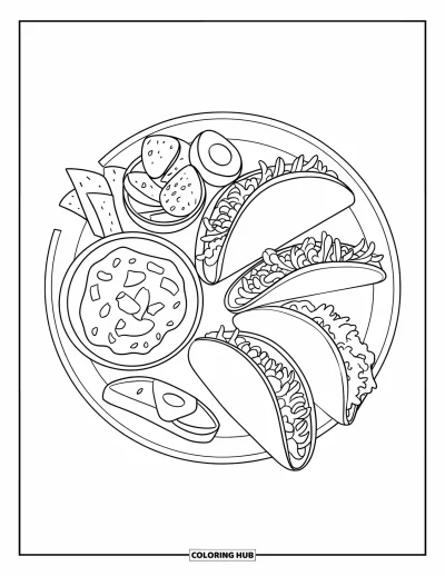 Sommeressen-Ausmalbild für Kinder: Ein bunter Taco-Teller mit Nachos und Guacamole bereit zum Genießen