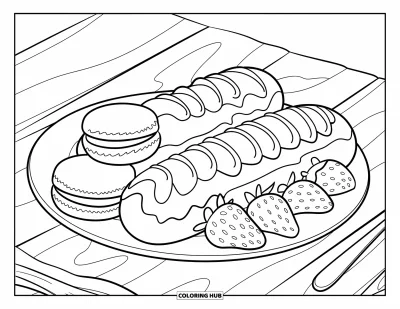 Sommeressen-Ausmalbild für Kinder: Eine Dessert-Platte mit Eclairs, Macarons und Erdbeeren auf Holz