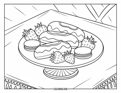 Sommeressen-Ausmalbild für Kinder: Eine Dessert-Platte mit Eclairs, Macarons und Erdbeeren auf einem Ständer