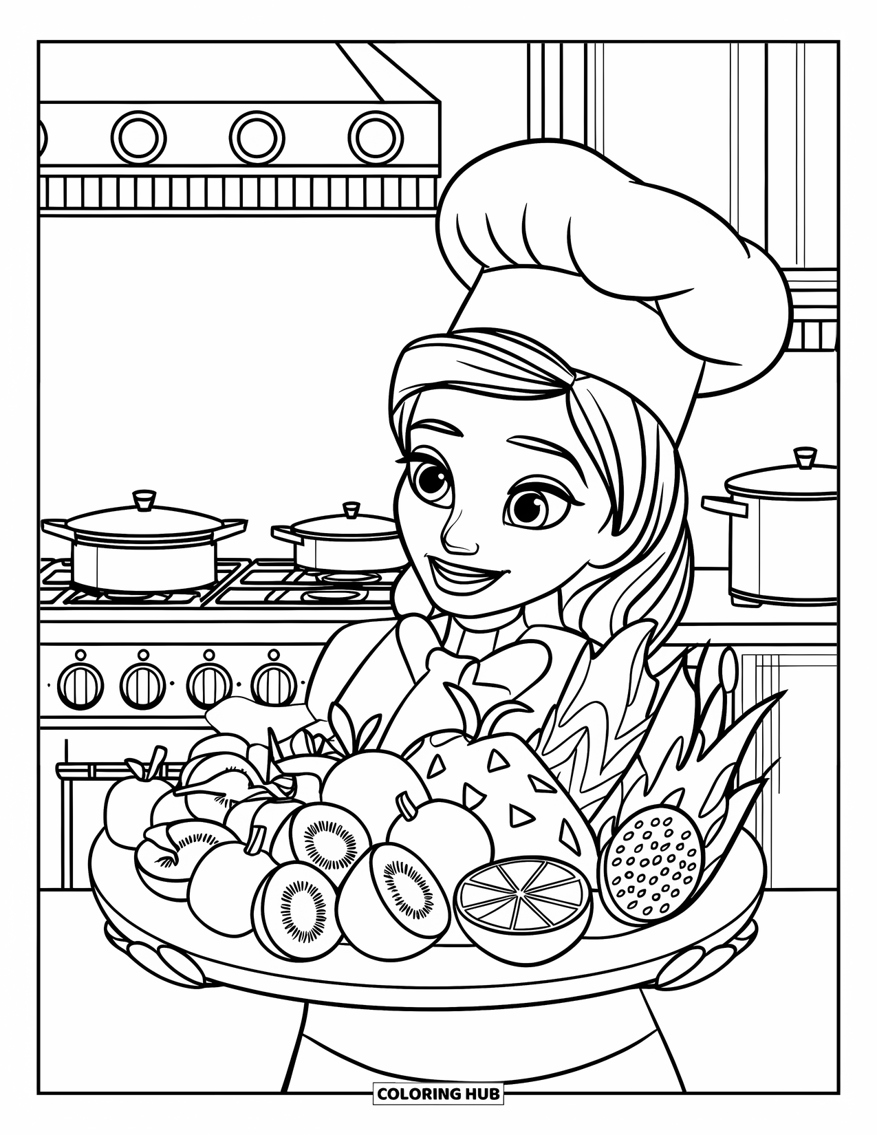 Summer Food Coloring Page for Kids: A fruit platter with kiwi, citrus, and dragon fruit held by a chef