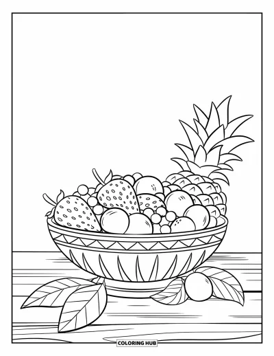 Sommeressen-Ausmalbild für Kinder: Eine Obstsalat-Schüssel gefüllt mit Erdbeeren, Orangen und Ananas